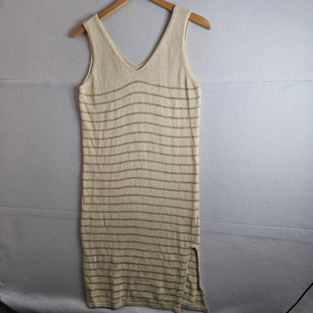 Floris Italy Cream Gold Metallic Striped Knit V-Neck Sleeveless Midi Dress S/M